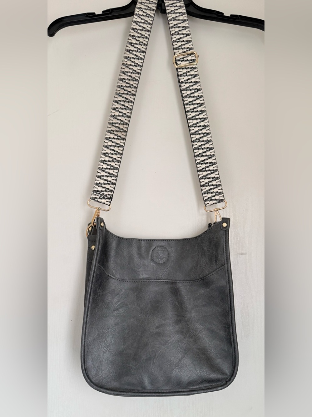 Black Leather pinafore Crossbody Bag with Patterned Strap